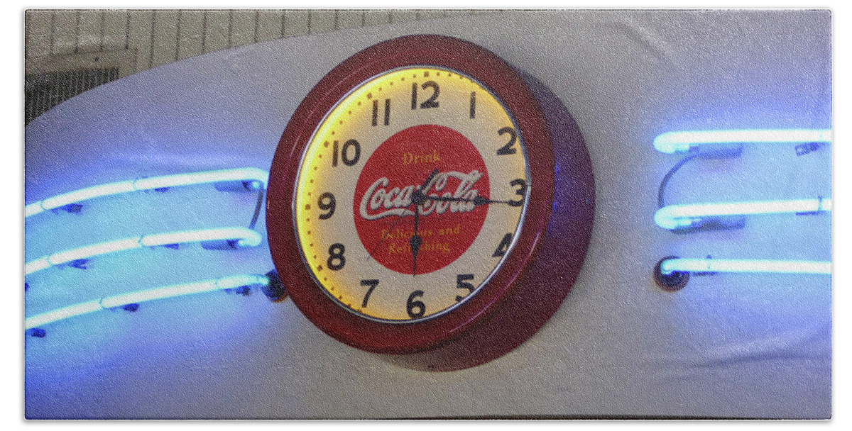 Coca Cola Beach Towel featuring the photograph Galaxy Diner Clock by Gordon Beck