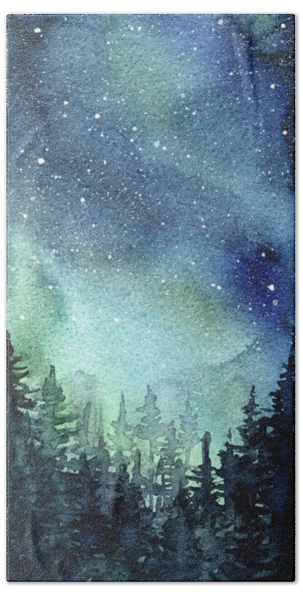 Watercolor Galaxy Beach Towel featuring the painting Galaxy Watercolor Aurora Painting by Olga Shvartsur