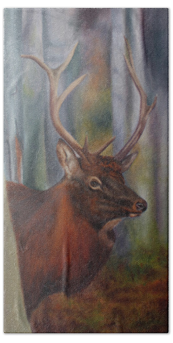 Elk; Gaming; Woods; Antlers Beach Towel featuring the painting Game by Marg Wolf