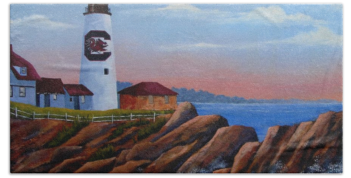 Gamecocks Beach Towel featuring the painting Gamecock Lighthouse by Jerry Walker