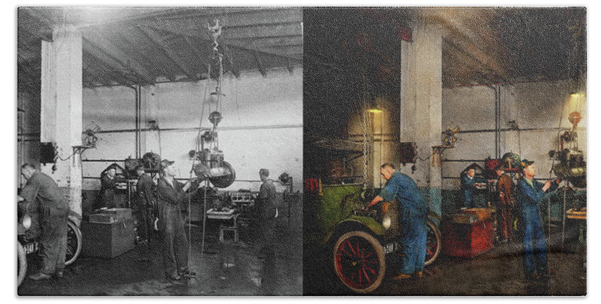 Garage Beach Towel featuring the photograph Garage - Mechanic - The overhaul 1919 - Side by Side by Mike Savad