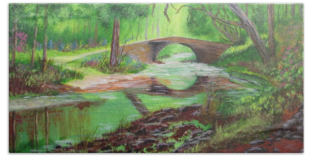 Landscape Beach Towel featuring the painting Garden Bridge by Robert Clark