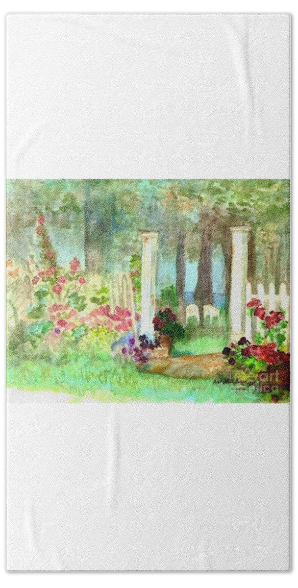 Garden Beach Towel featuring the painting Garden Gate by Deb Stroh-Larson