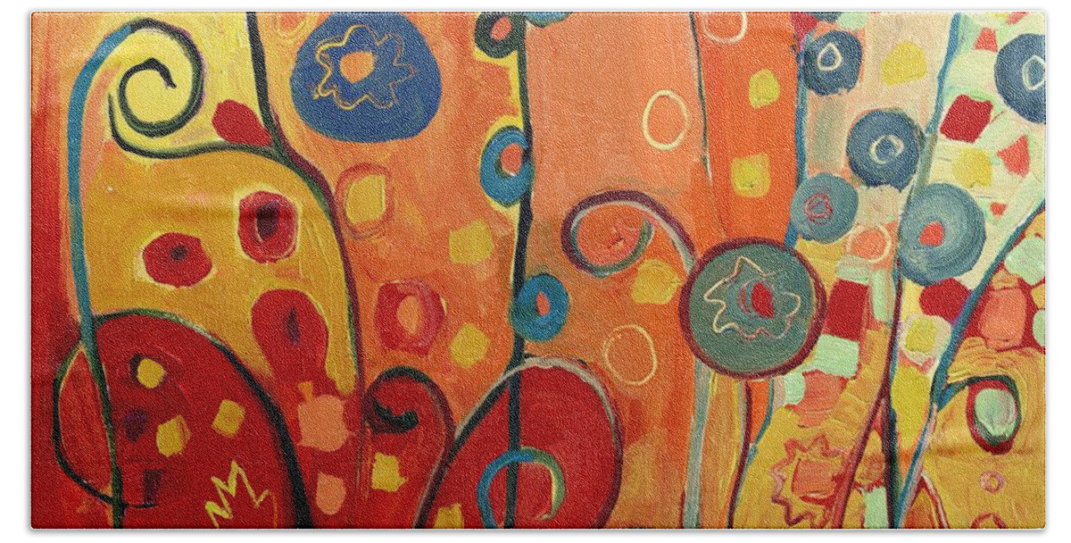 Abstract Beach Towel featuring the painting Garden Joy in Red by Jennifer Lommers