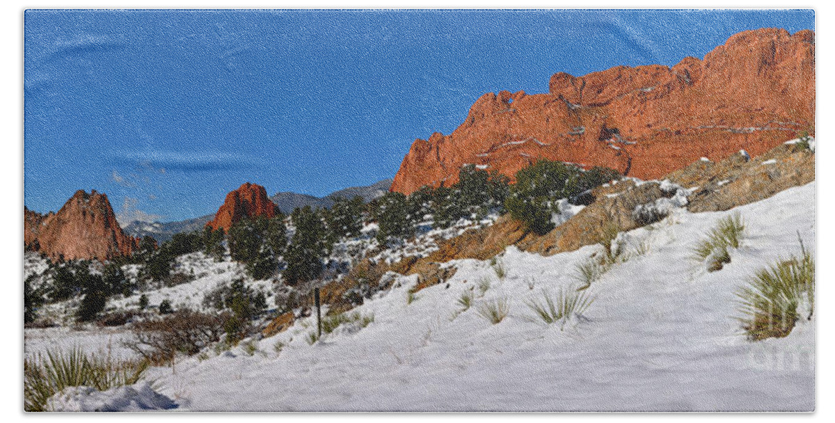 Garden Of The Cogs Beach Towel featuring the photograph Garden Of The Gods Snowy Blue Sky Panorama by Adam Jewell