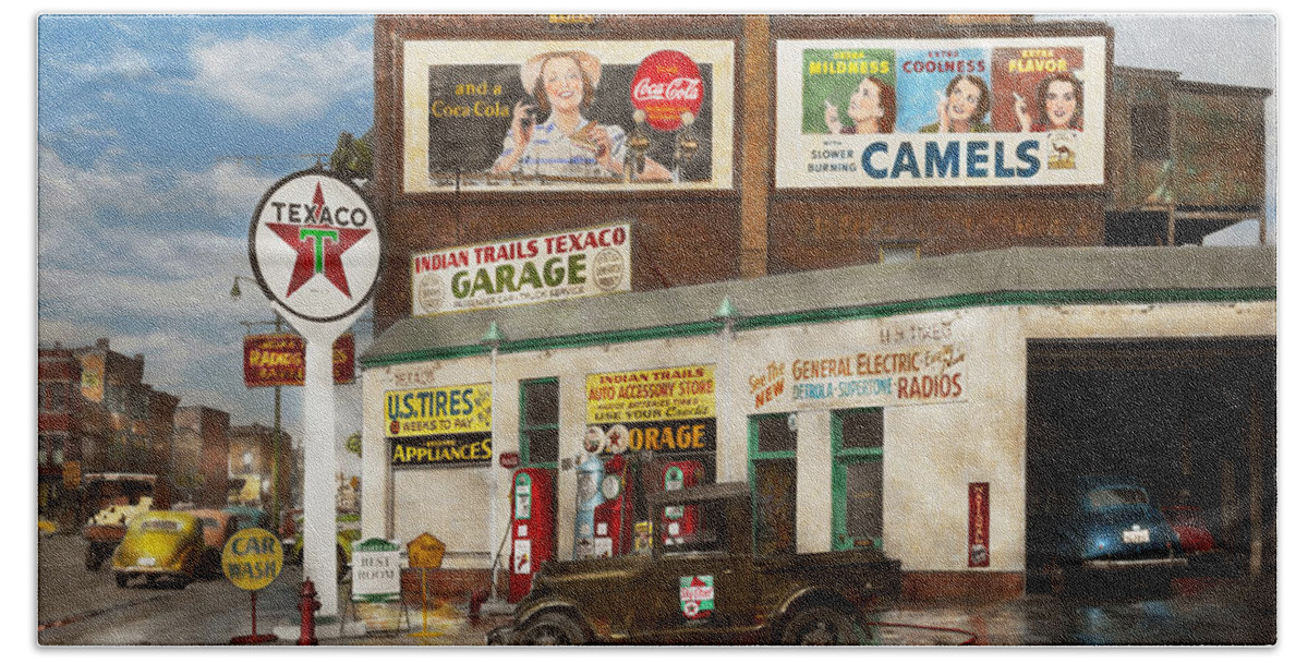 Signs Beach Towel featuring the photograph Gas Station - Benton Harbor MI - Indian Trails gas station 1940 by Mike Savad