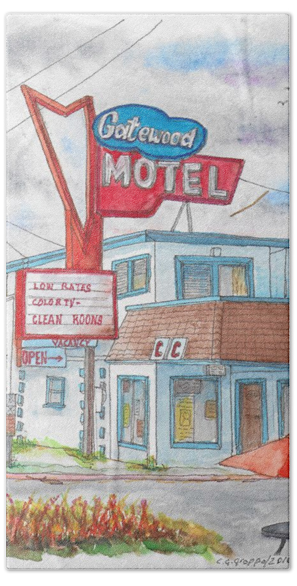 Gatewood Motel Beach Sheet featuring the painting Gatewood Motel in Las Vegas, Nevada by Carlos G Groppa