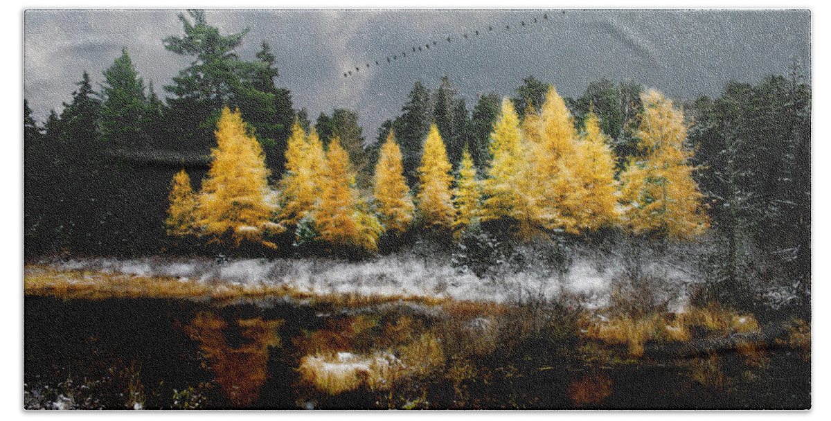Larch Beach Sheet featuring the photograph Geese Over Tamarack by Wayne King