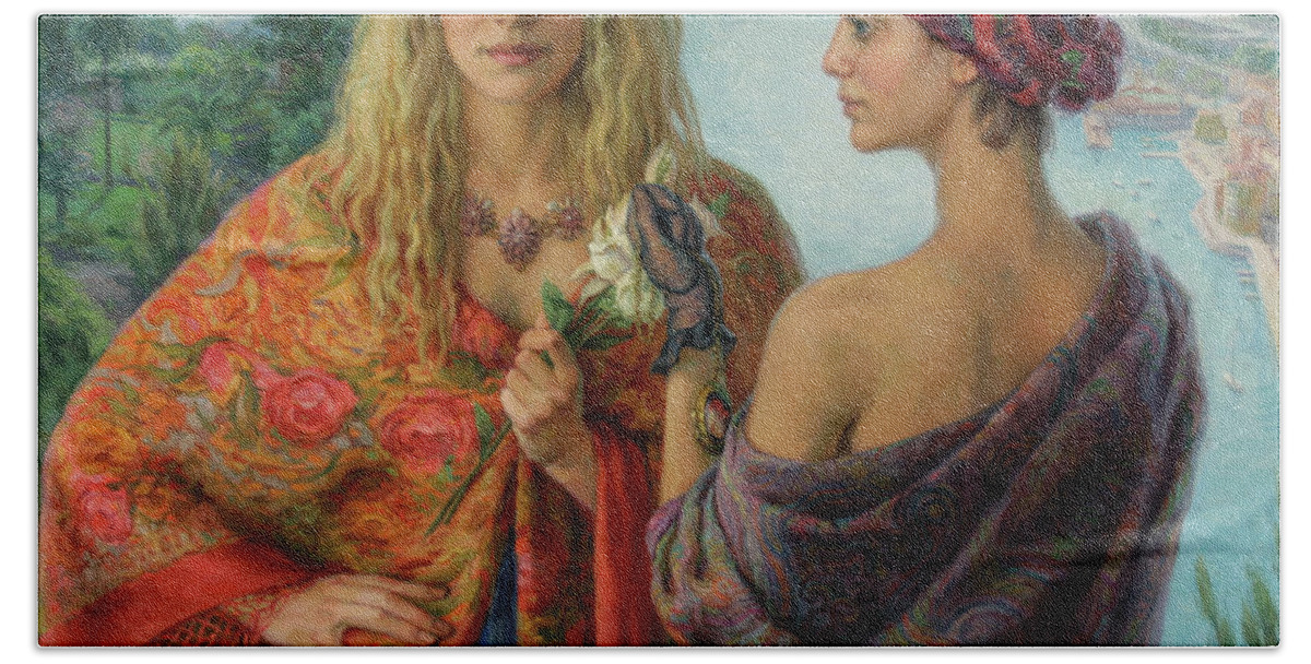  Portraits Of Twin Sisters Beach Sheet featuring the painting Gemelli by Serguei Zlenko
