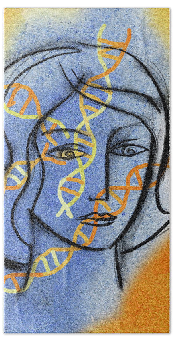  Biology Color Image Complexity Concept Curiosity Dna Double Helix Formation Gene Genes Genetic Research Genetics Head And Shoulders Identifier Identity Illustration Illustration And Painting Individuality Mid Adult One Mid Adult Woman Only One Person People Personality Science Uncertainty Vertical Woman 30's Color Colour Curious Drawing Female Genetic Head & Shoulders Interest One Person Beach Towel featuring the painting Genetics by Leon Zernitsky