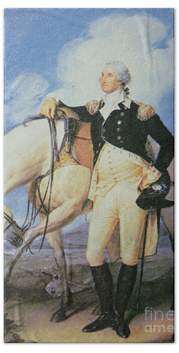 Male; Portrait; Full Length; Tricorn Hat; United States; Politician; Military; Horse; Battle; Battlefield; Hilltop; Officer; Soldier; American; 1st Beach Towel featuring the painting George Washington by John Trumbull