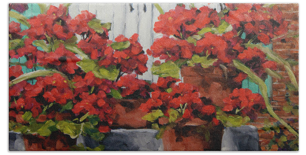 Floral Scene Beach Towel featuring the painting Geraniums on the Porch by Richard T Pranke