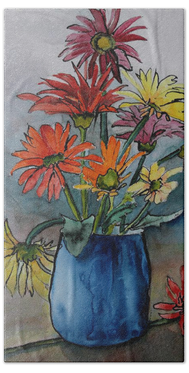 Flowers Beach Sheet featuring the painting Gerberas in a Blue Pot by Ruth Kamenev