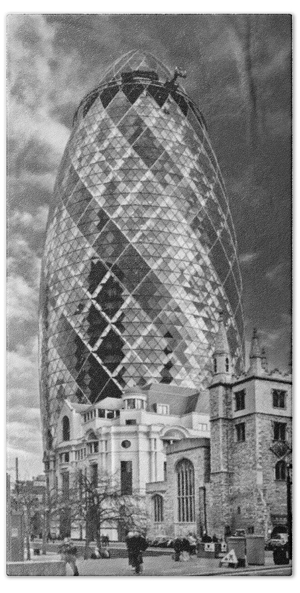 City Of London Beach Towel featuring the photograph Gherkin and St Andrew's black and white by Gary Eason