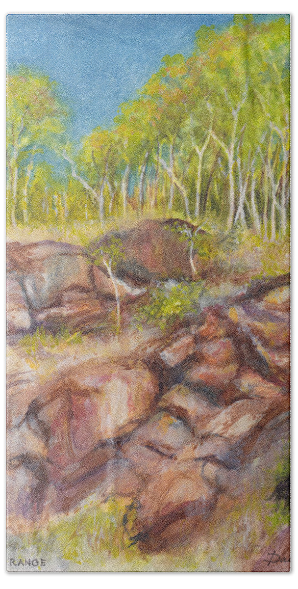 Rocks Beach Towel featuring the painting Gillies Range Rocks in Far North Queensland by Dai Wynn
