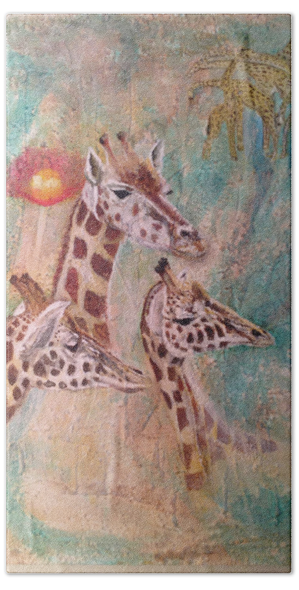 Endangered Species Beach Towel featuring the painting Giraffes by Toni Willey