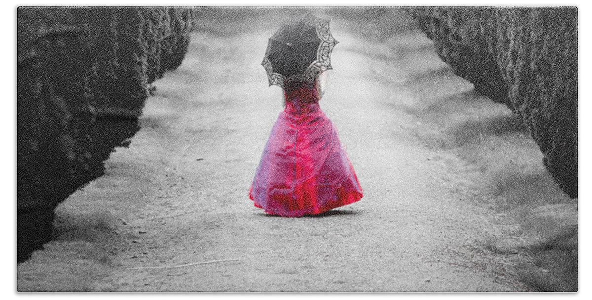 Avenue Of Trees Beach Towel featuring the photograph Girl in a Red Dress by Helen Jackson