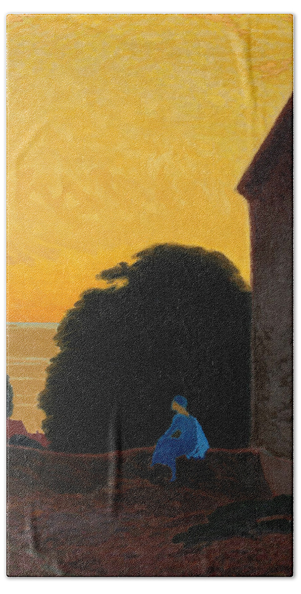  Swedish Art Beach Towel featuring the painting Girl in Blue on a Summer Evening in Visby by Pelle Svedlund