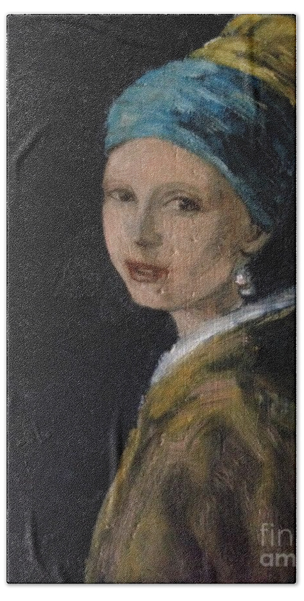 Girl With A Pearl Earring Beach Towel featuring the painting Girl with a Pearl Earring Variation by Lavender Liu