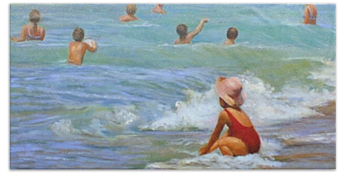 Children Beach Towel featuring the painting Girl with Pink Hat by Marie Witte
