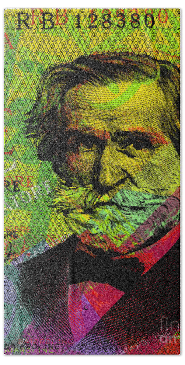 Verdi Beach Towel featuring the digital art Giuseppe Verdi portrait banknote by Jean luc Comperat