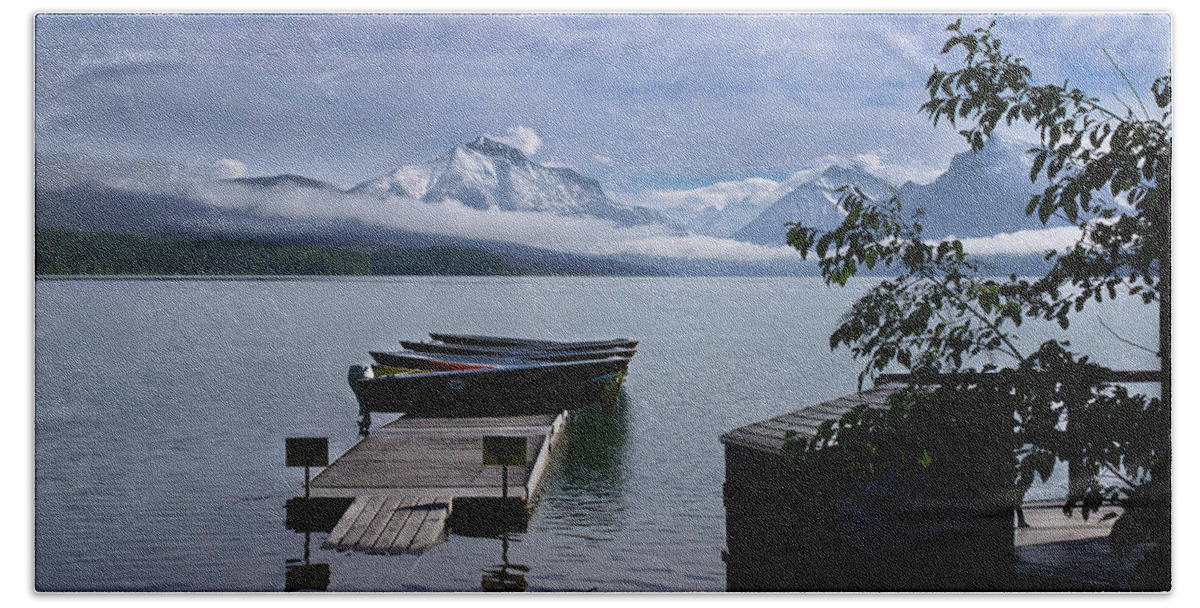 Glacier National Park Beach Towel featuring the photograph Glacier Lake Dock by Linda Steele