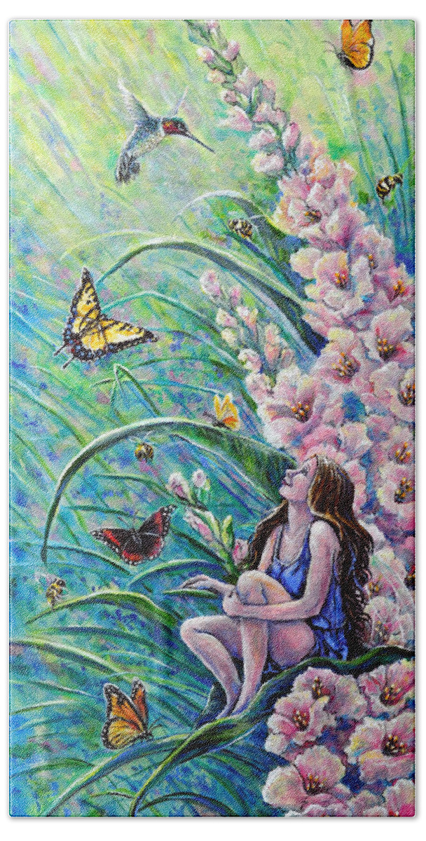 Fairy Garden Butterfly Bee Gladiolas Fantasy Green Pink Peach Happy Beach Towel featuring the painting Glad To Be Here by Gail Butler