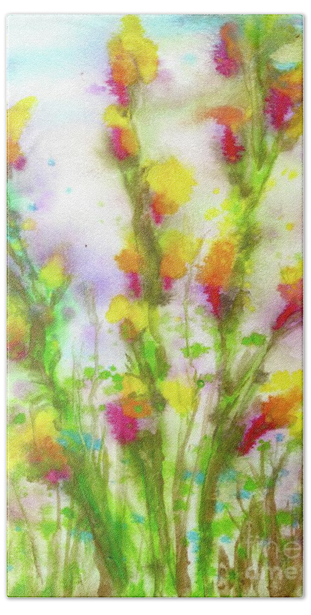 Happy Vertical Shapes And Colors Make These Expressive Flowers Bloom In The Eyes Of The Beholder. Beach Towel featuring the painting Glads by Francelle Theriot