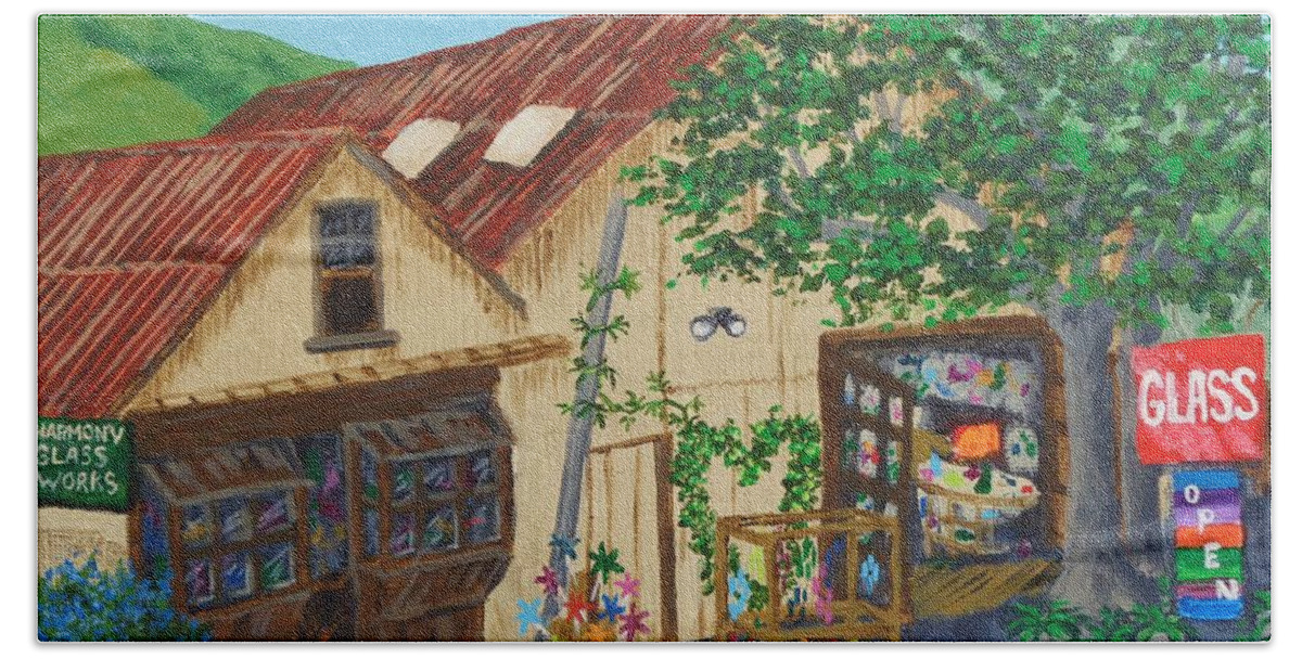 Glass Beach Towel featuring the painting Glass Blower Shop Harmony California by Katherine Young-Beck