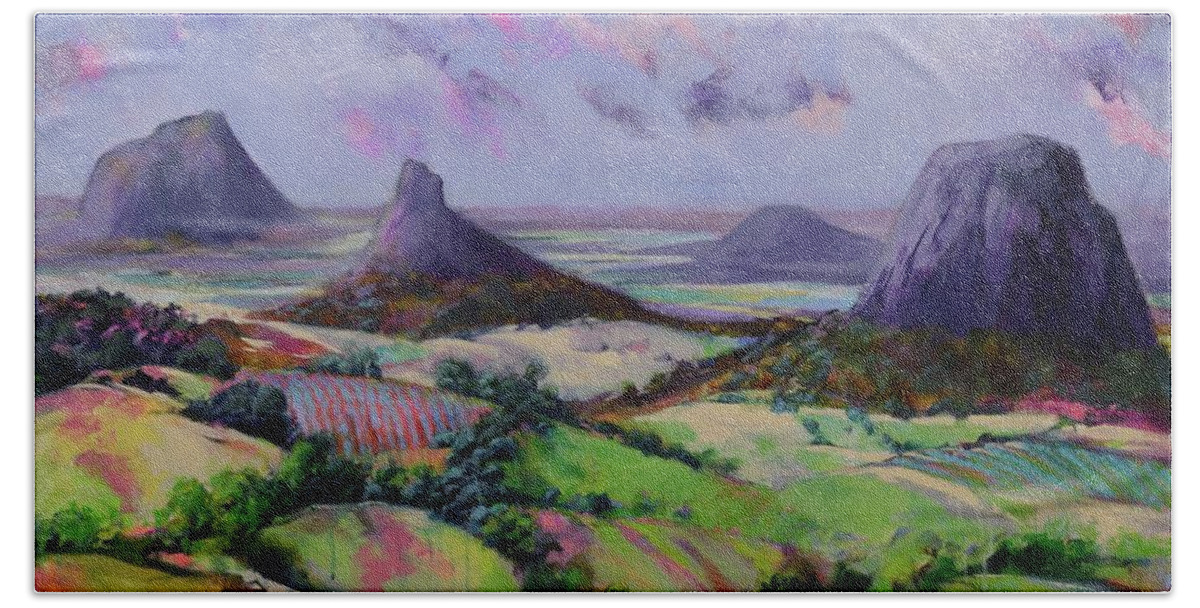 Glasshouse Mountains. Landscape Painting Beach Towel featuring the painting Glasshouse Mountains Dreaming by Chris Hobel