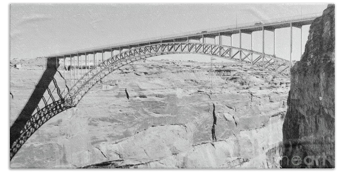 Digital Black And White Photo Beach Towel featuring the photograph Glen Canyon Bridge BW by Tim Richards