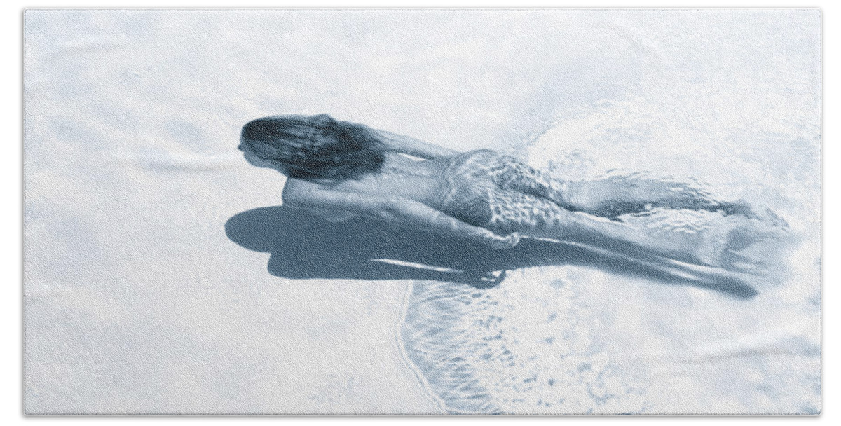 Naked Beach Towel featuring the photograph Nude woman underwater gliding by Steve Williams