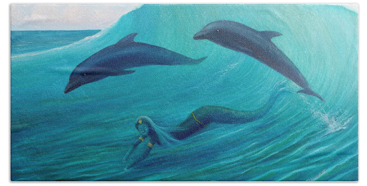 Dolphin Beach Towel featuring the painting Glimpse of a Mermaid by Torrence Ramsundar