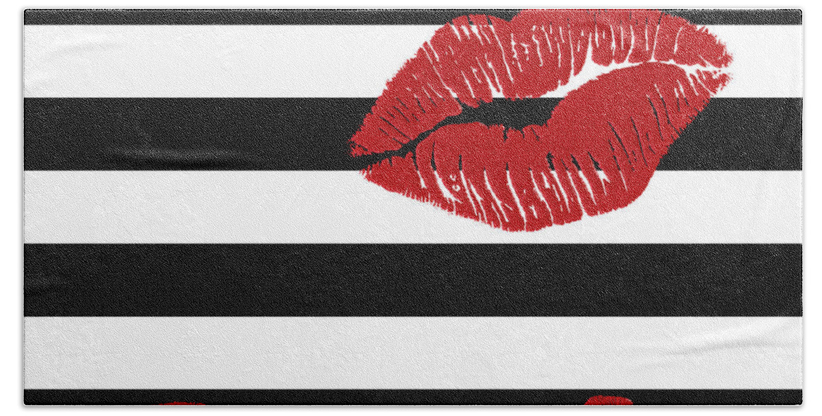 Black And White Stripes Beach Sheet featuring the painting Glitter Red Lips on Black and White Stripes by Georgeta Blanaru