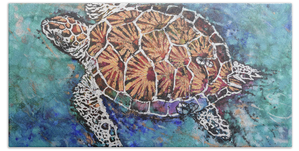 Marine Animals Beach Towel featuring the painting Glittering Turtle by Jyotika Shroff