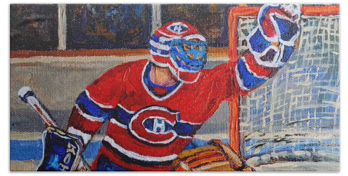 Hockey Beach Sheet featuring the painting Goalie Makes The Save Stanley Cup Playoffs by Carole Spandau