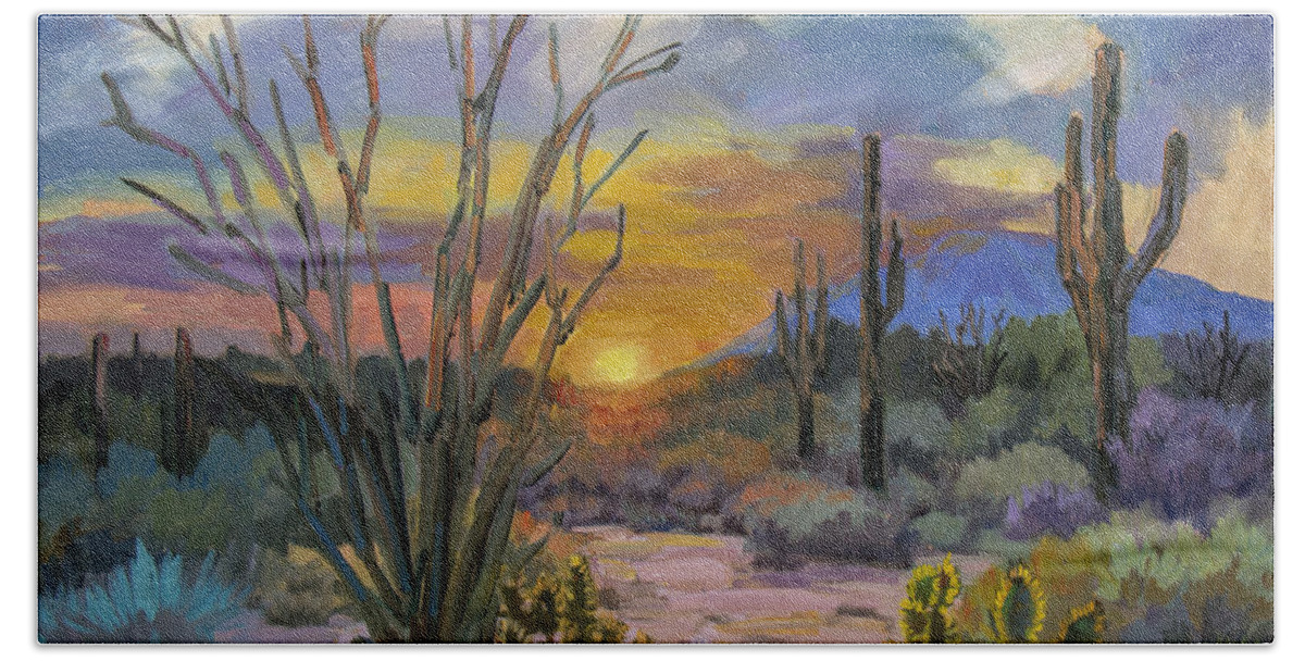 Sonoran Desert Beach Sheet featuring the painting God's Day - Sonoran Desert by Diane McClary
