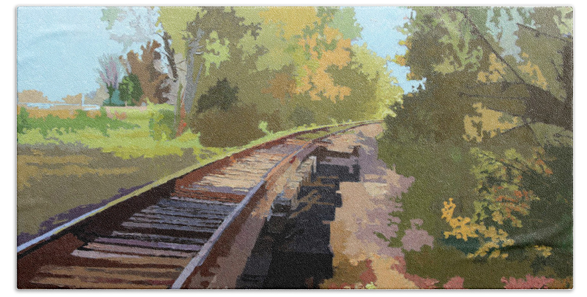 Railroad Track Beach Towel featuring the painting Going Down The Railroad Track by John Lautermilch