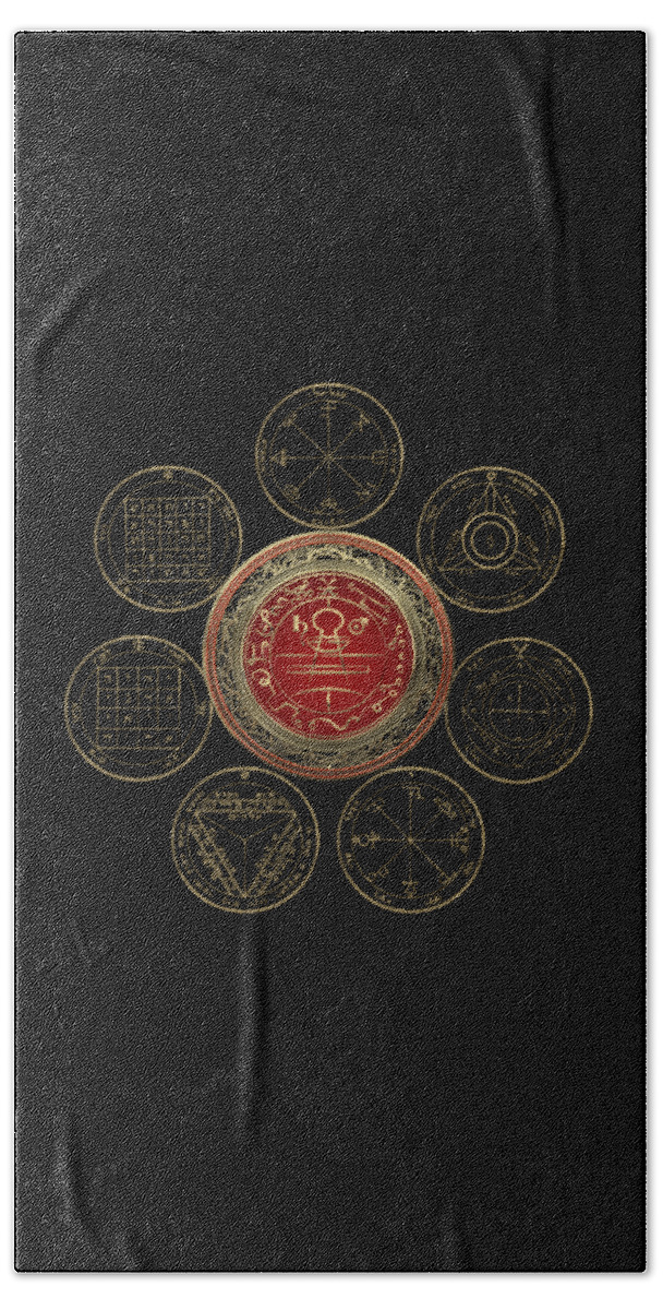 'sacred Symbols' Collection By Serge Averbukh Beach Towel featuring the digital art Gold Seal of Solomon over Seven Pentacles of Saturn on Black Canvas by Serge Averbukh