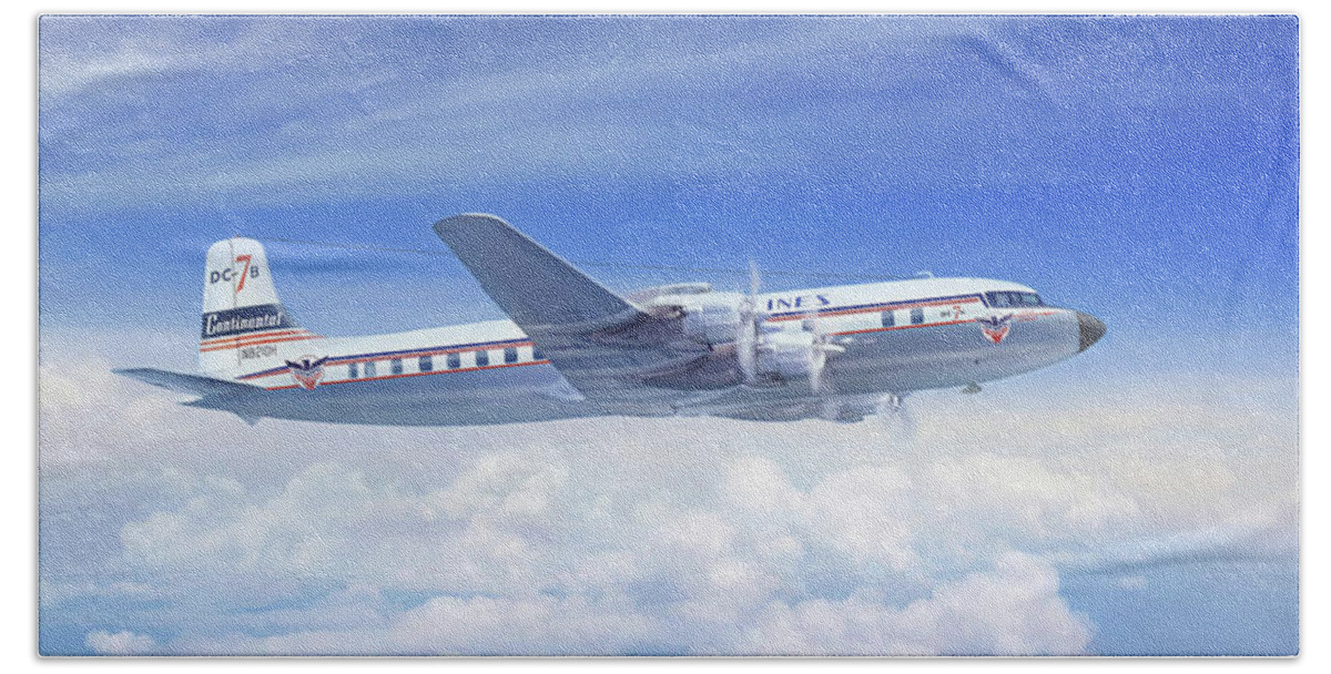 Aviation Art Beach Towel featuring the painting Golden Age Propliner by Mark Karvon