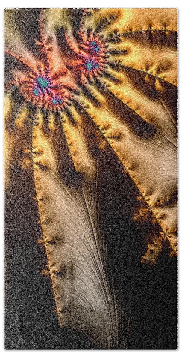 Gold Beach Towel featuring the digital art Golden and orange fractal sun beams by Matthias Hauser