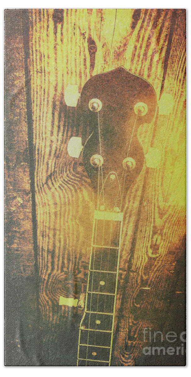 Banjo Beach Sheet featuring the photograph Golden banjo neck in retro folk style by Jorgo Photography