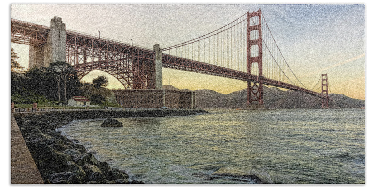 Golden Gate Bridge Beach Towel featuring the photograph Golden Gate Bridge and Fort Point HDR 01 by Josh Bryant