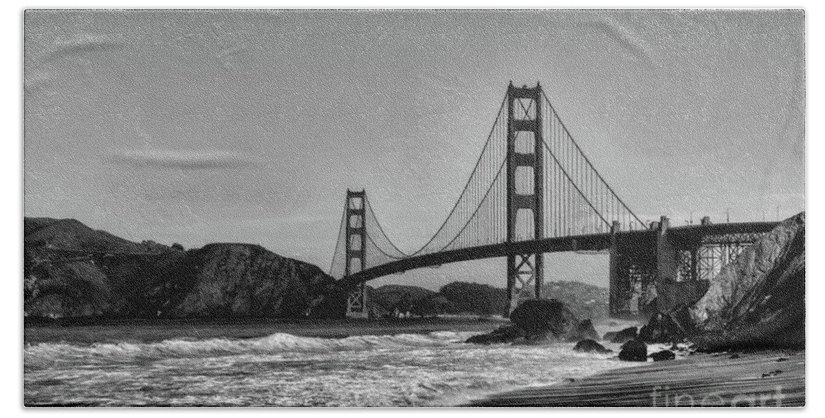 ￿ Black And White Beach Towel featuring the photograph Golden Gate Bridge Black and White by Peter Dang