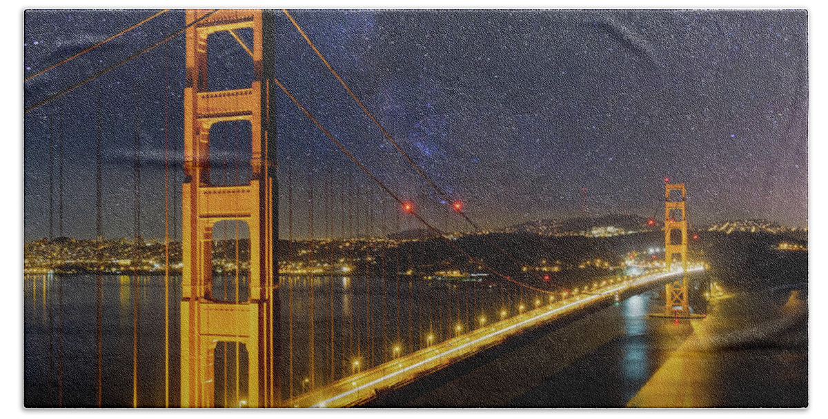 Golden Gate Beach Towel featuring the photograph Golden Gate Bridge under the Starry Night Sky by David Gn