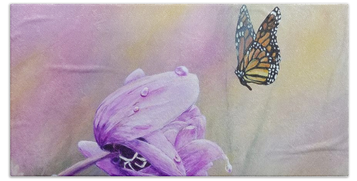 Monarch Butterfly Beach Towel featuring the painting Golden hour by Christie Minalga