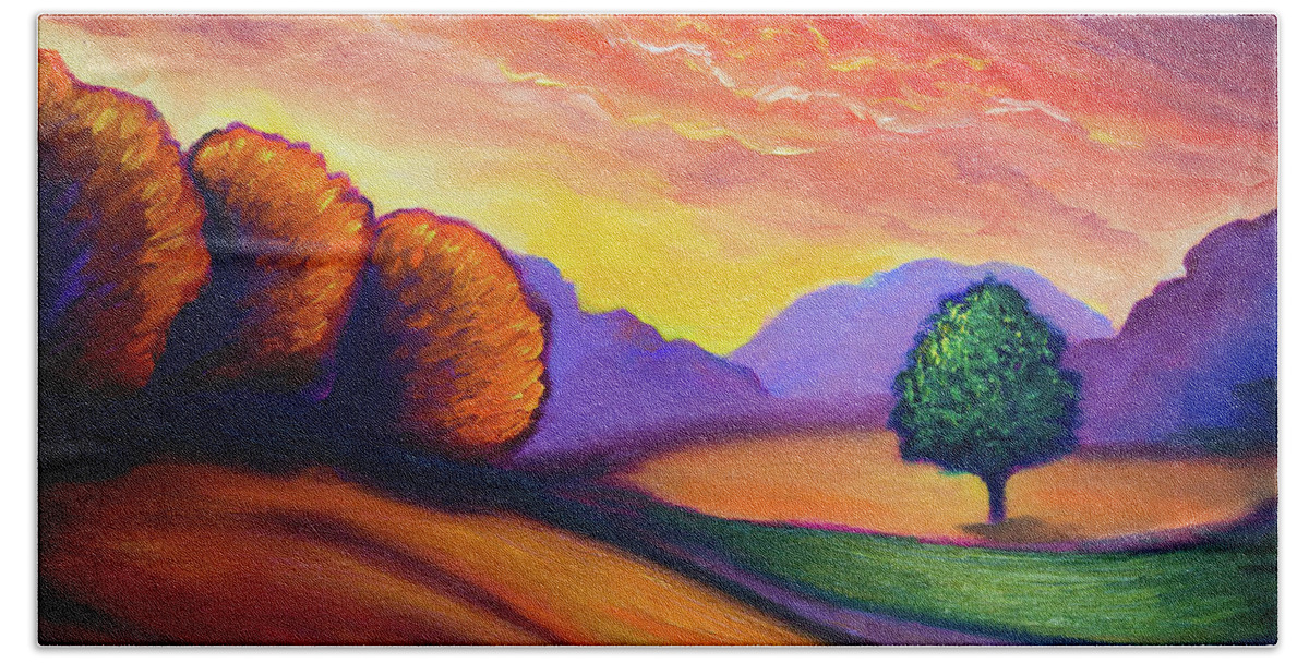 Golden Hour Beach Towel featuring the painting Golden hour landscape by Lilia S