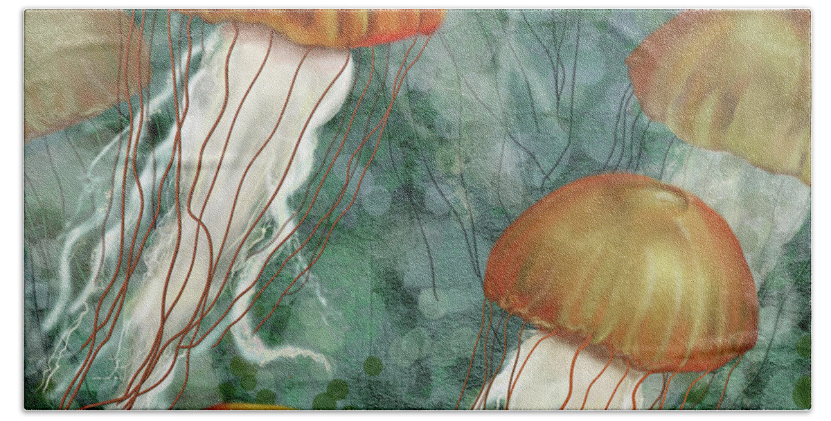 Jellyfish Beach Towel featuring the digital art Golden Jellyfish in Green Sea by Sand And Chi