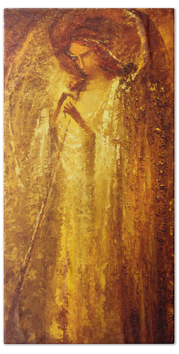 Angel Beach Towel featuring the painting Golden Light of Angel by Valentina Kondrashova