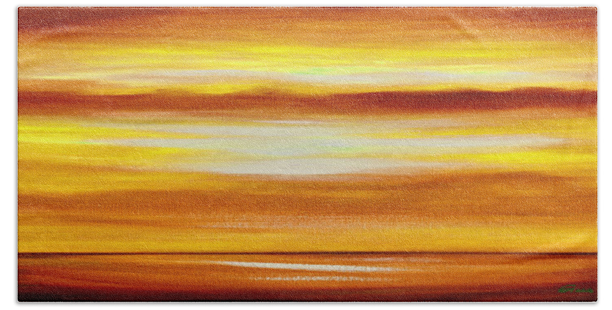 Art Beach Towel featuring the painting Golden Panoramic Abstract Sunset by Gina De Gorna